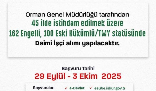 Orman Genel Müdürlüğü’nden 262 Daimi İşçi Alımı